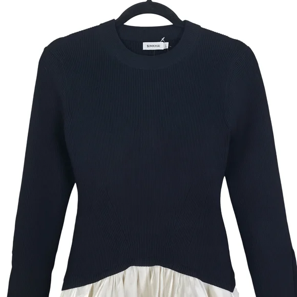 Simkhai Kenlie Midi Dress Black White Ribbed Knit Taffeta Bubble Hem Size S - Picture 6 of 12